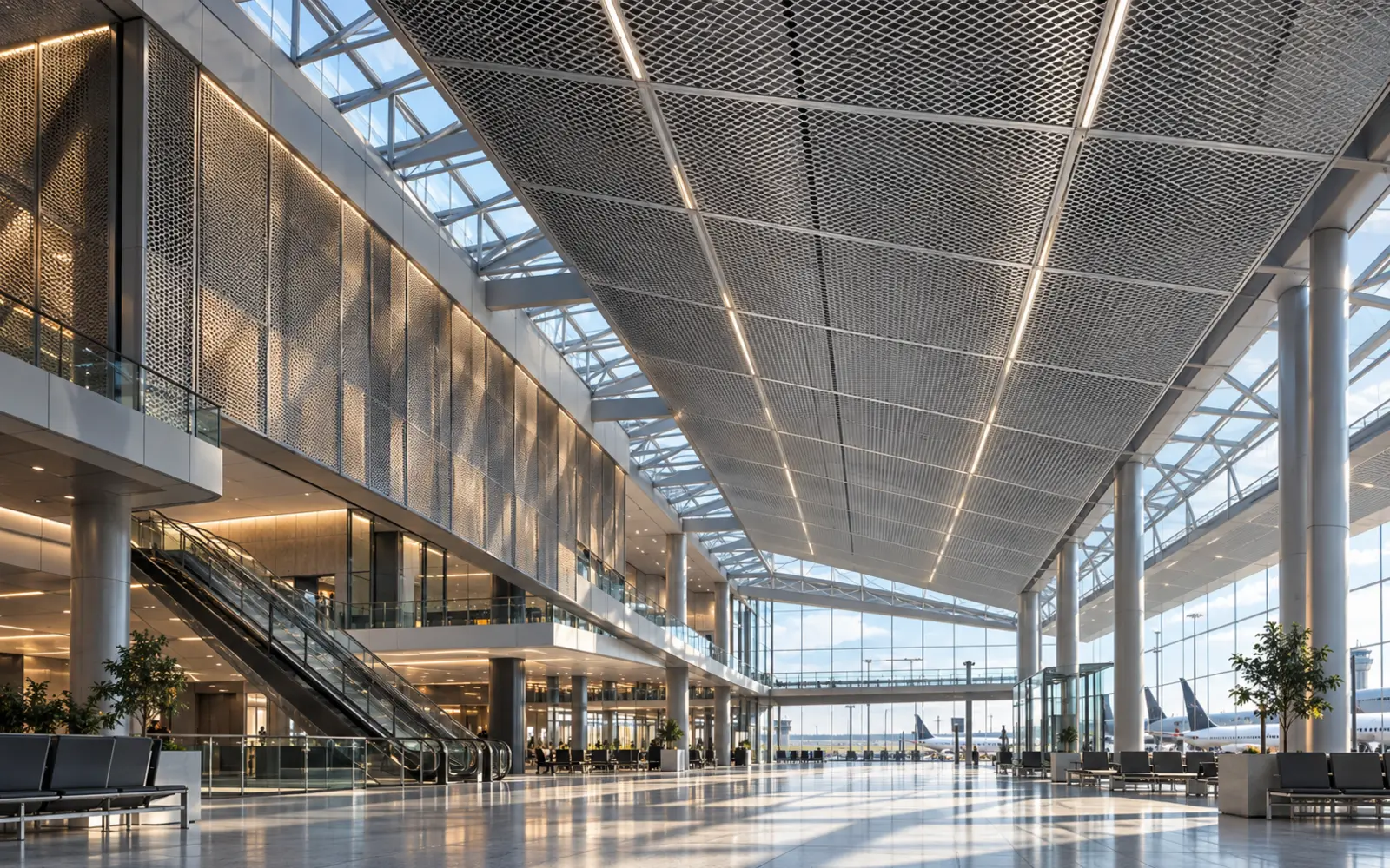 Airport terminal with a metal mesh ceiling, AI concept