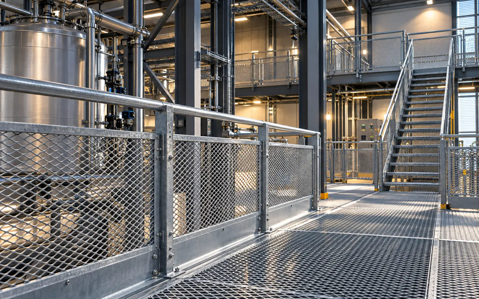 Industrial platform with metal mesh safety guards, AI concept