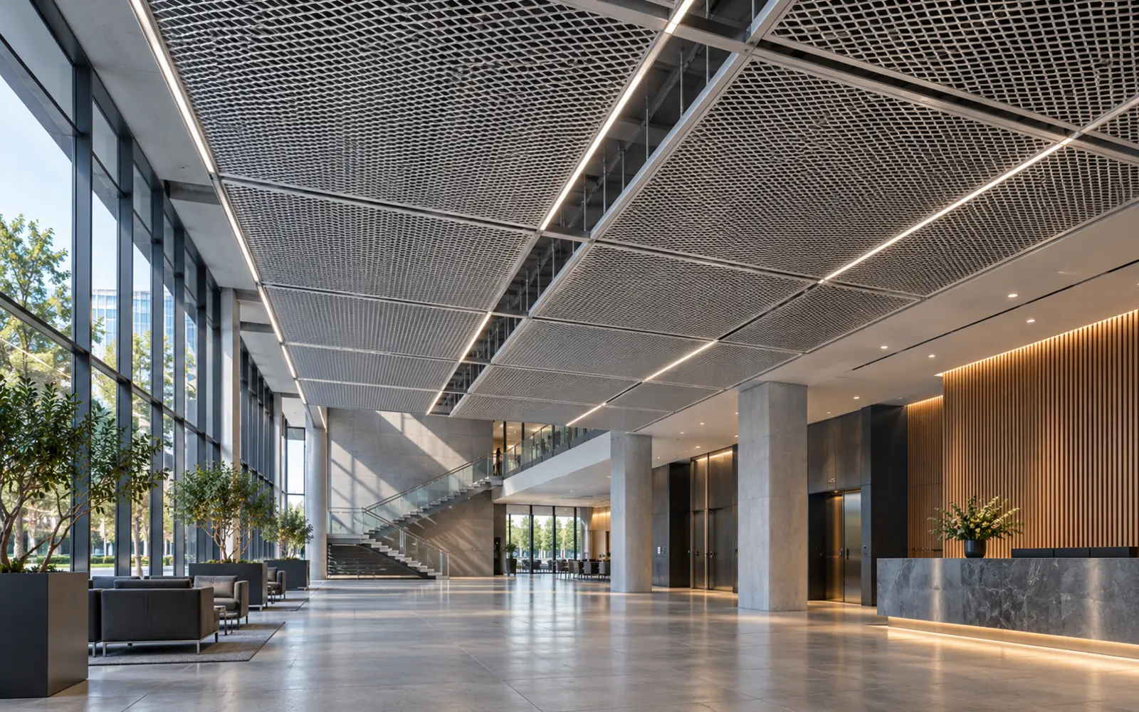 Suspended metal mesh ceiling in a modern public interior