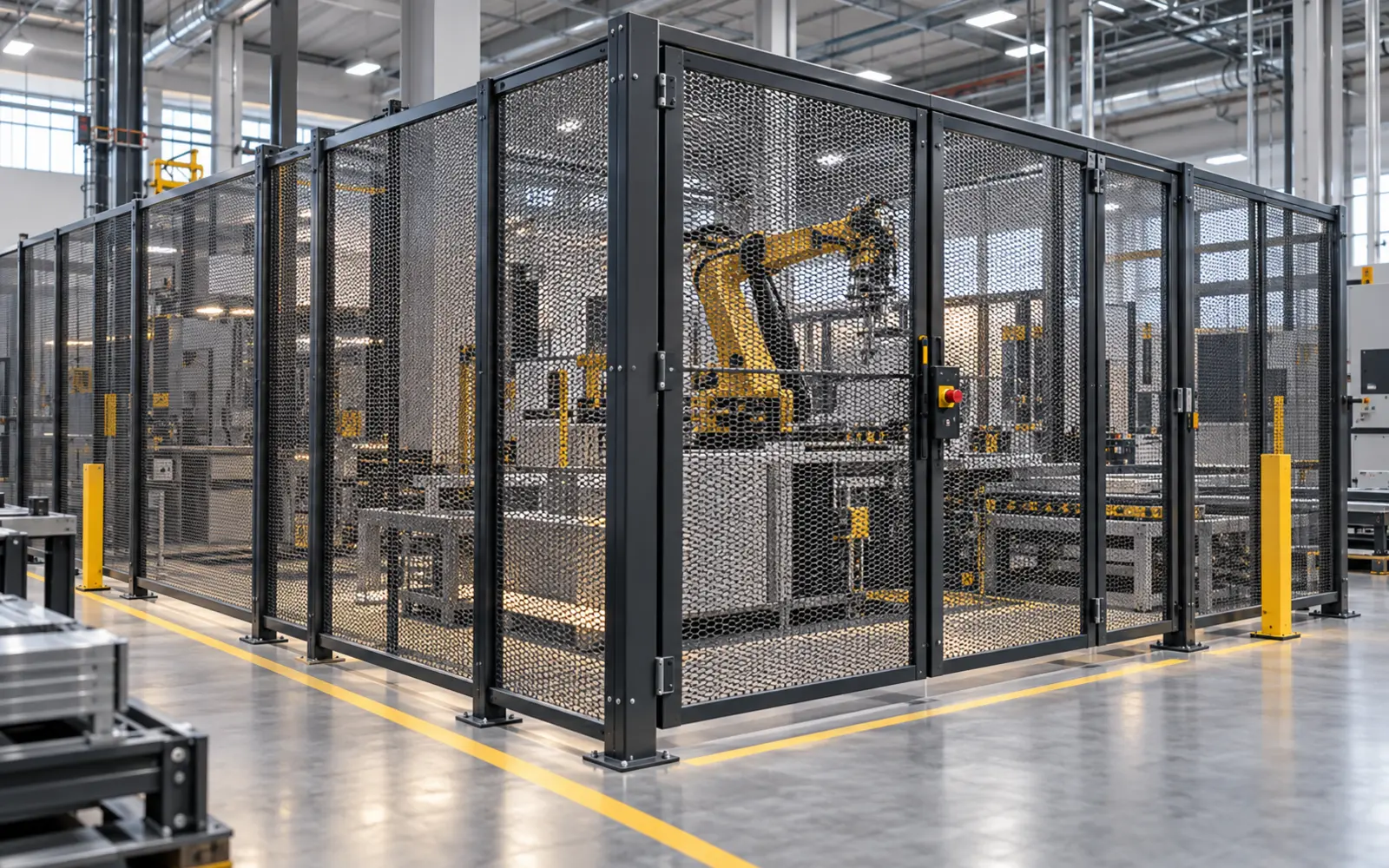 Metal mesh safety enclosure around automated equipment