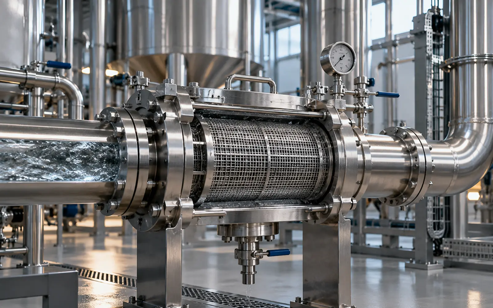 Metal mesh filtration assembly in a clean industrial process system