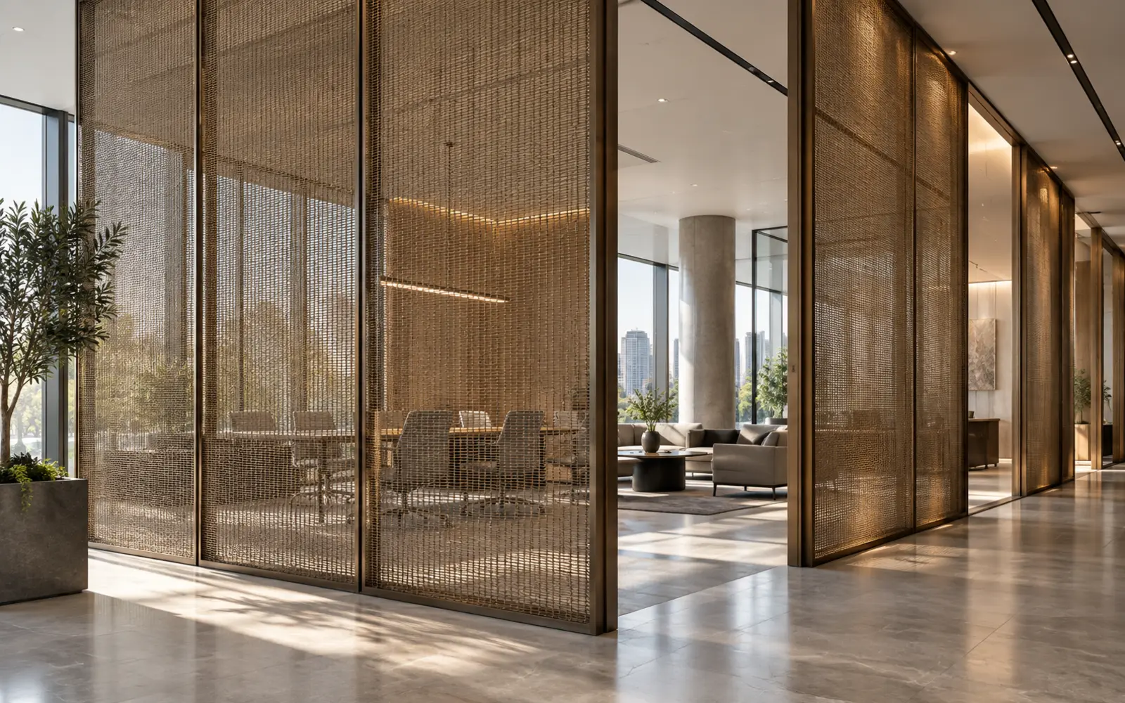 Metal Mesh Interior Partition Concept Woven metal mesh partitions in a contemporary interior