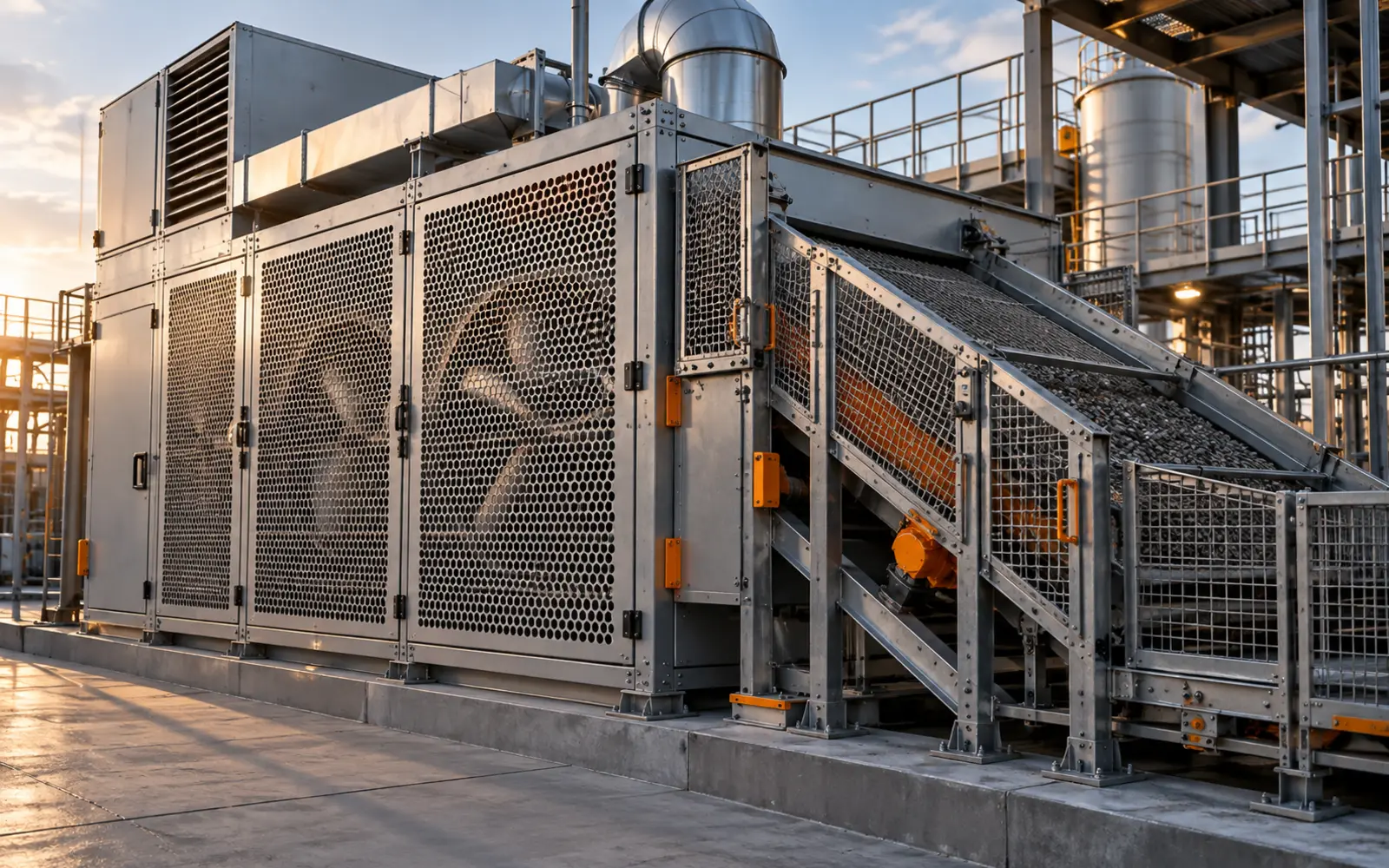 Perforated metal ventilation and screening system on industrial equipment