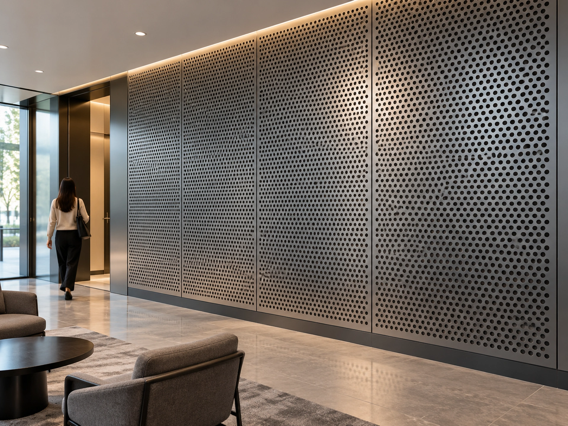 AI application concept showing framed perforated metal wall lining in a lobby