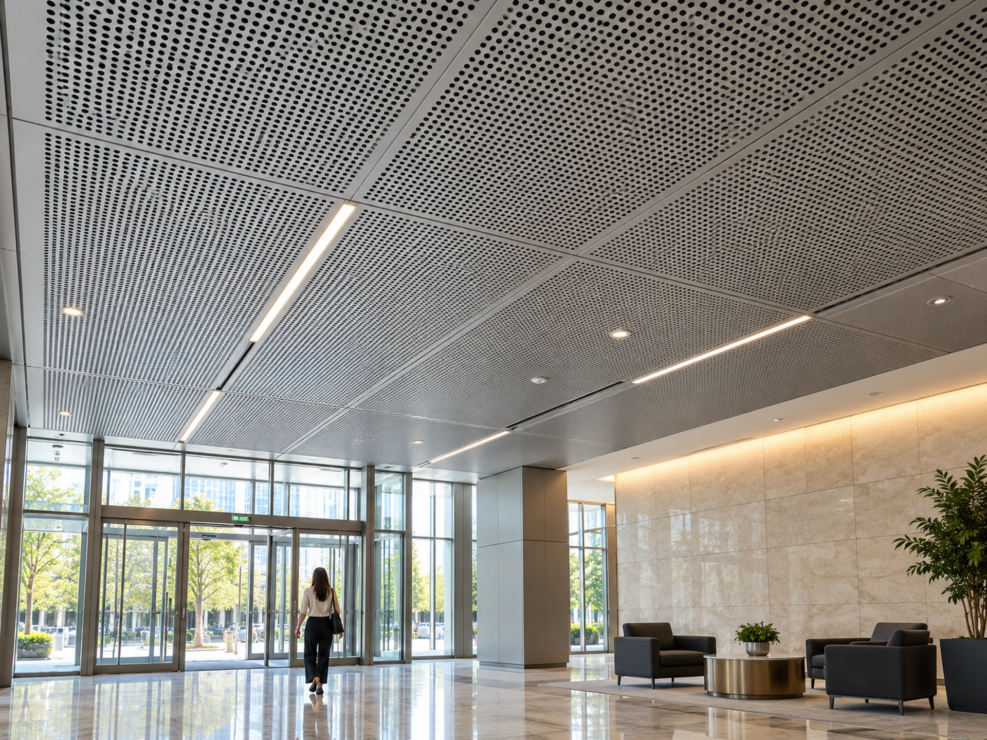 AI application concept showing perforated metal ceiling panels in an interior lobby