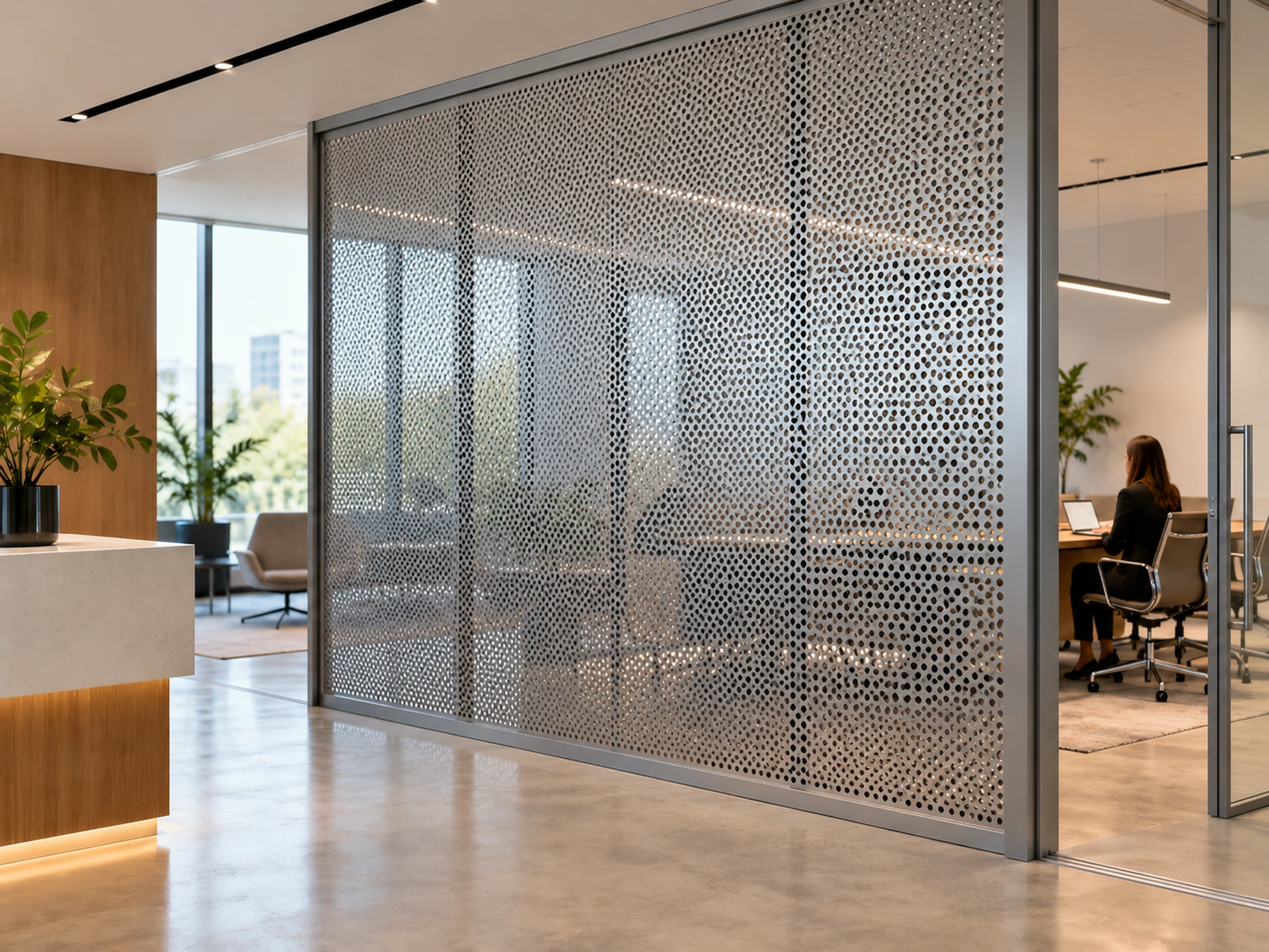 AI application concept showing framed perforated metal partitions in an office
