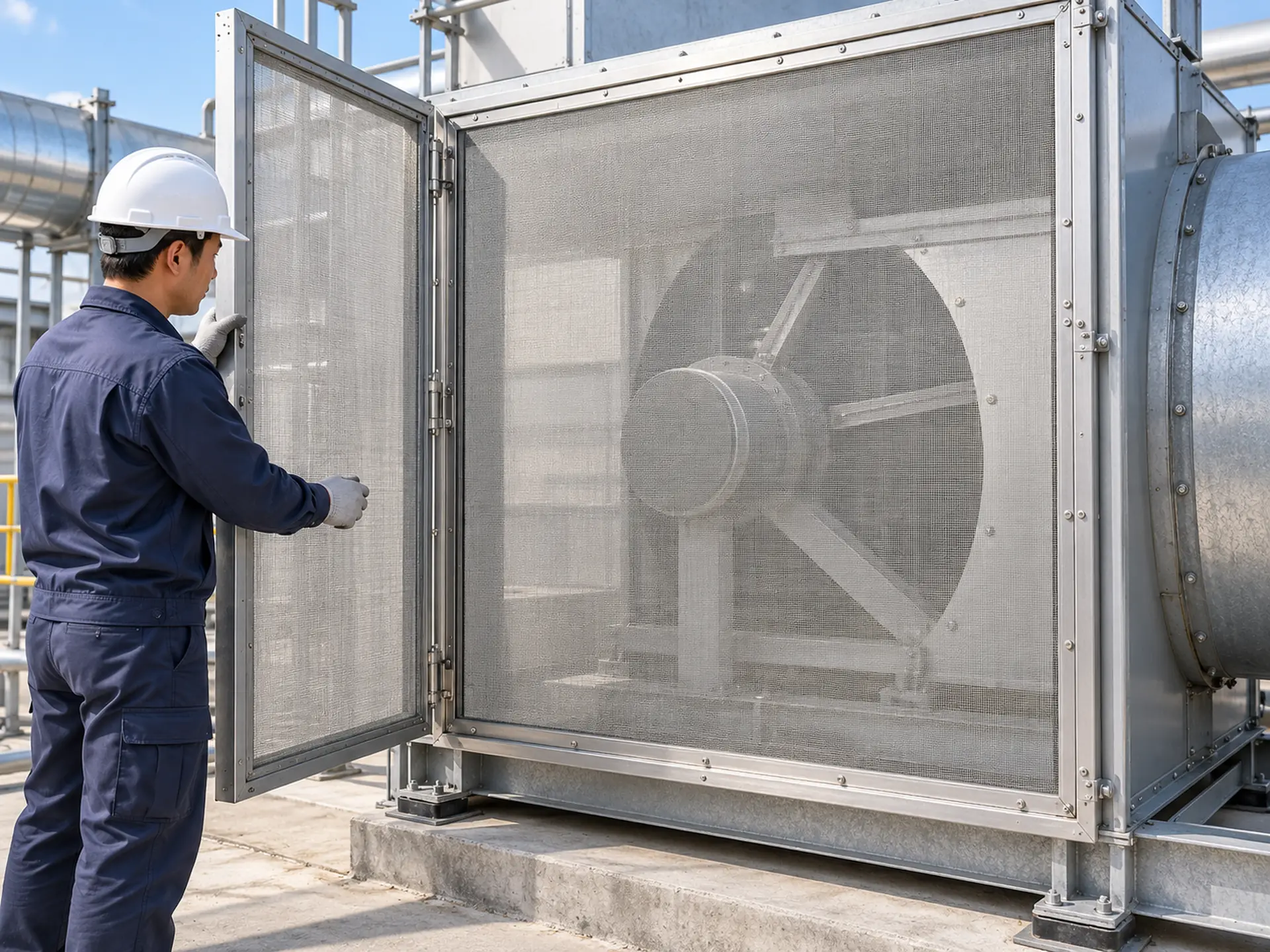 AI application concept showing a framed woven mesh screen in front of industrial ventilation equipment