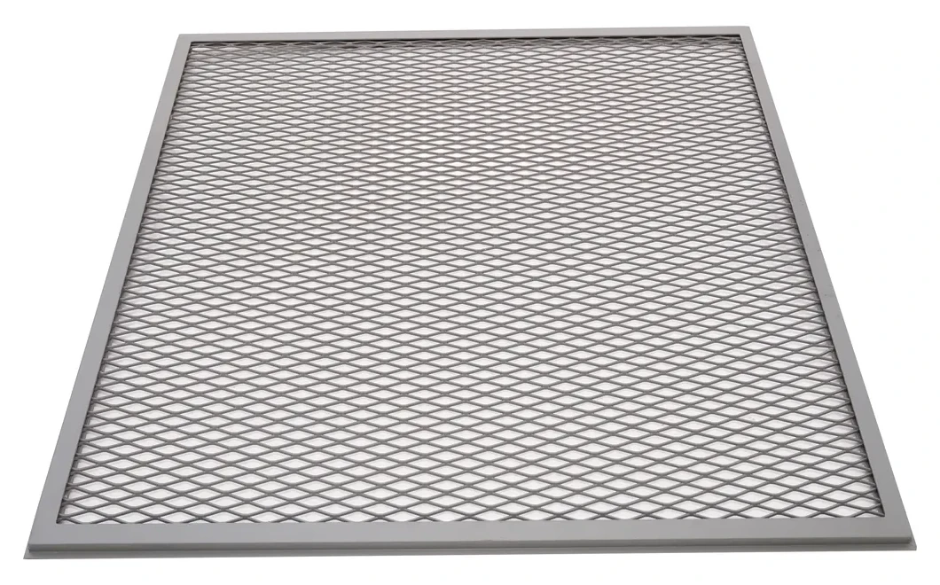 Expanded metal mesh panel retained within a complete perimeter frame