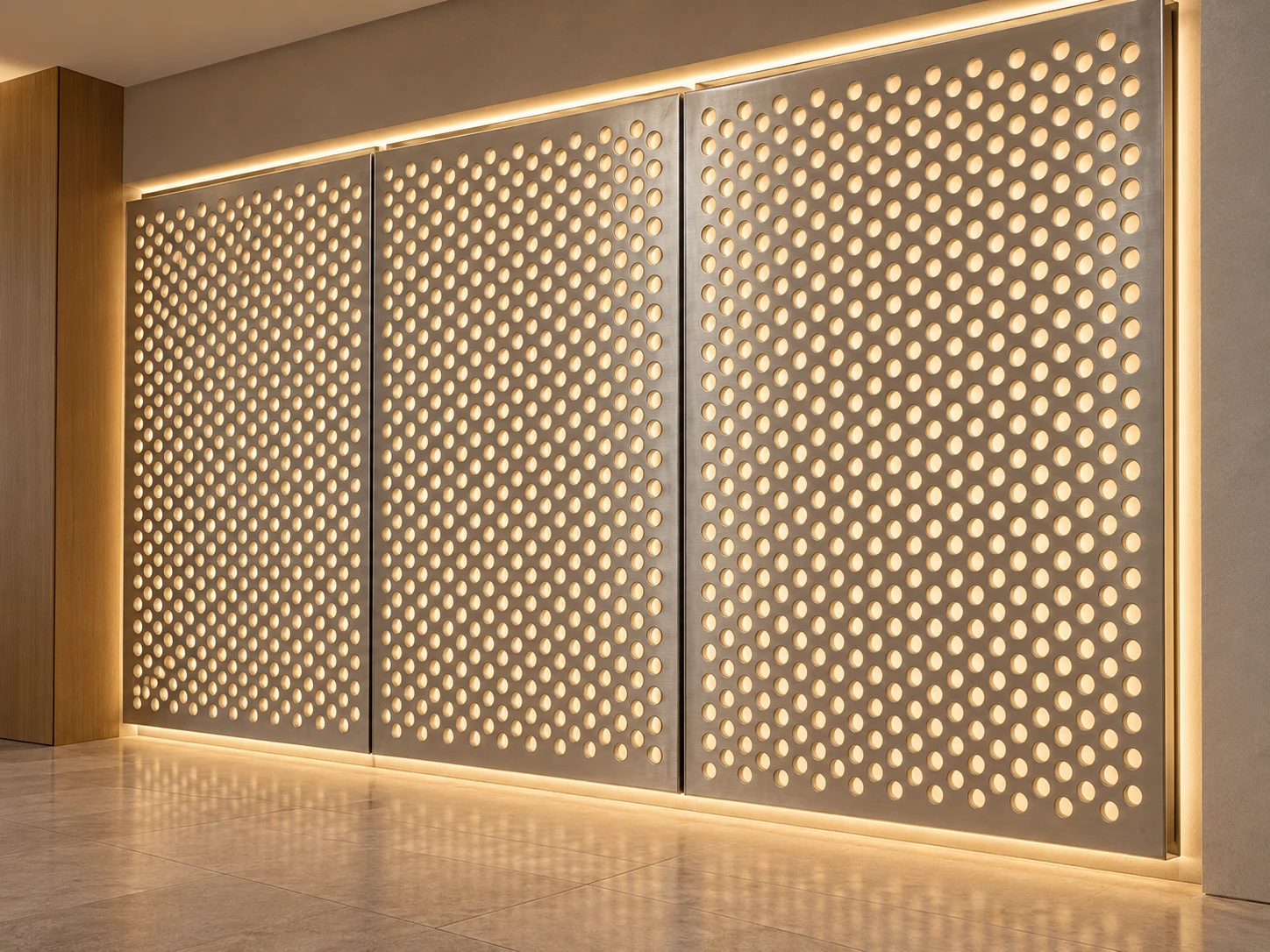 Backlit application concept showing warm light behind metal wall panels with round perforations