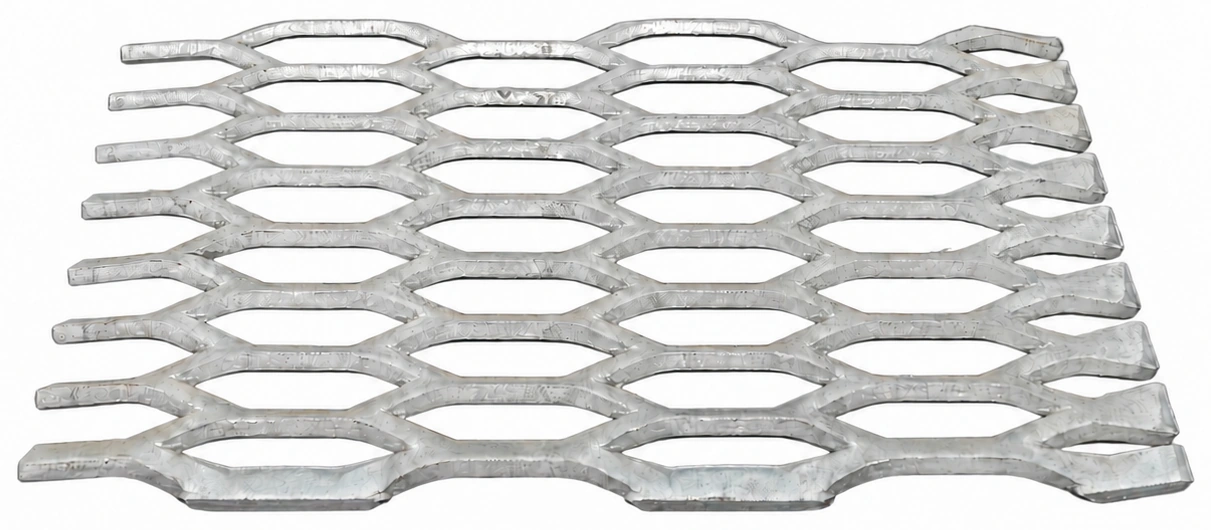 Expanded metal sample with connected diamond-shaped openings on a white background