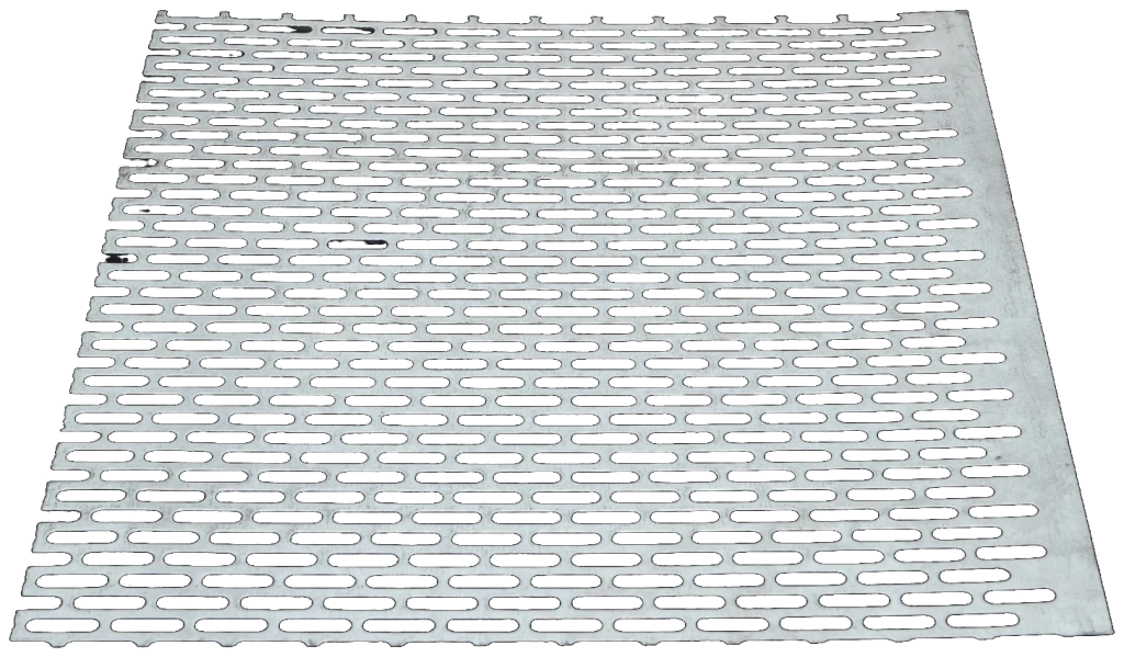 Perforated aluminum sheet with rows of elongated slots on a transparent background