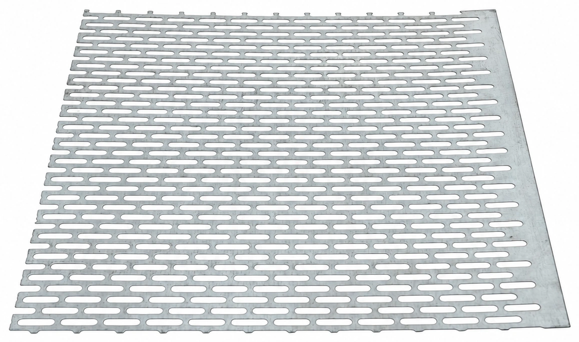 Silver-gray perforated metal sheet with staggered elongated slots on a white background