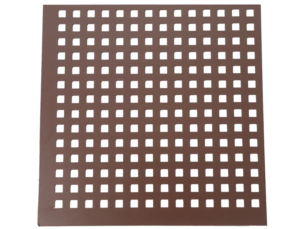 Metal sheet with a regular array of square holes and solid outer margins