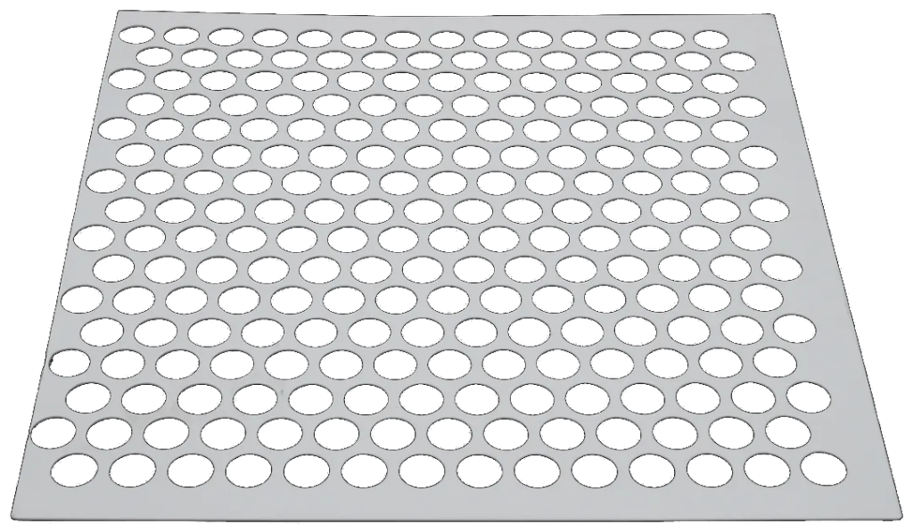 Round-hole perforated metal sheet with solid margins on a transparent background