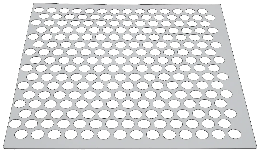 Round-hole perforated metal sheet with solid margins on a transparent background